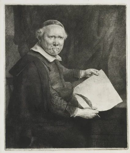 Lieven Willemsz. van Coppenol, writing master: the larger plate by Rembrandt van Rijn, print, 1658