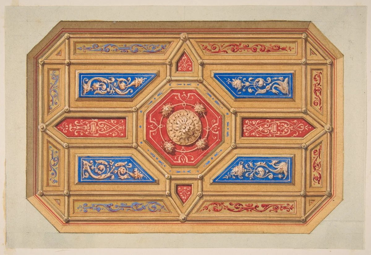 Design for a paneled ceiling by Jules-Edmond-Charles Lachaise, drawing, 1820-1897