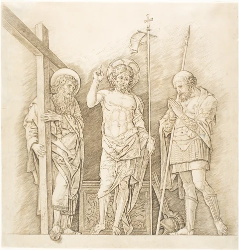 The Risen Christ between Saints Andrew and Longinus by Andrea Mantegna, print, 1467-1477