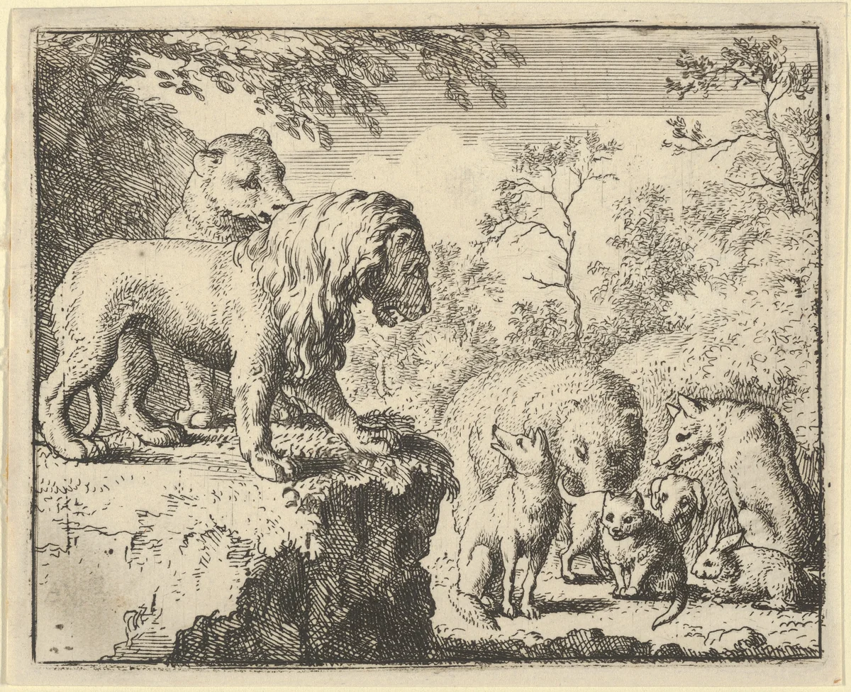 The Lion and the Lioness Pardon Renard and Order the Other Animals to Forget His Crimes from Hendrick van Alcmar's Renard The Fox by Allart van Everdingen, print, 1650-1675