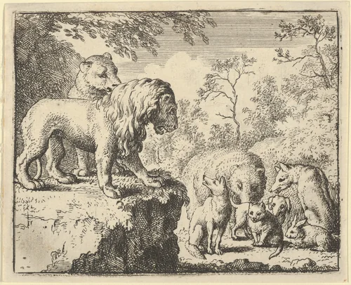 The Lion and the Lioness Pardon Renard and Order the Other Animals to Forget His Crimes from Hendrick van Alcmar's Renard The Fox by Allart van Everdingen, print, 1650-1675