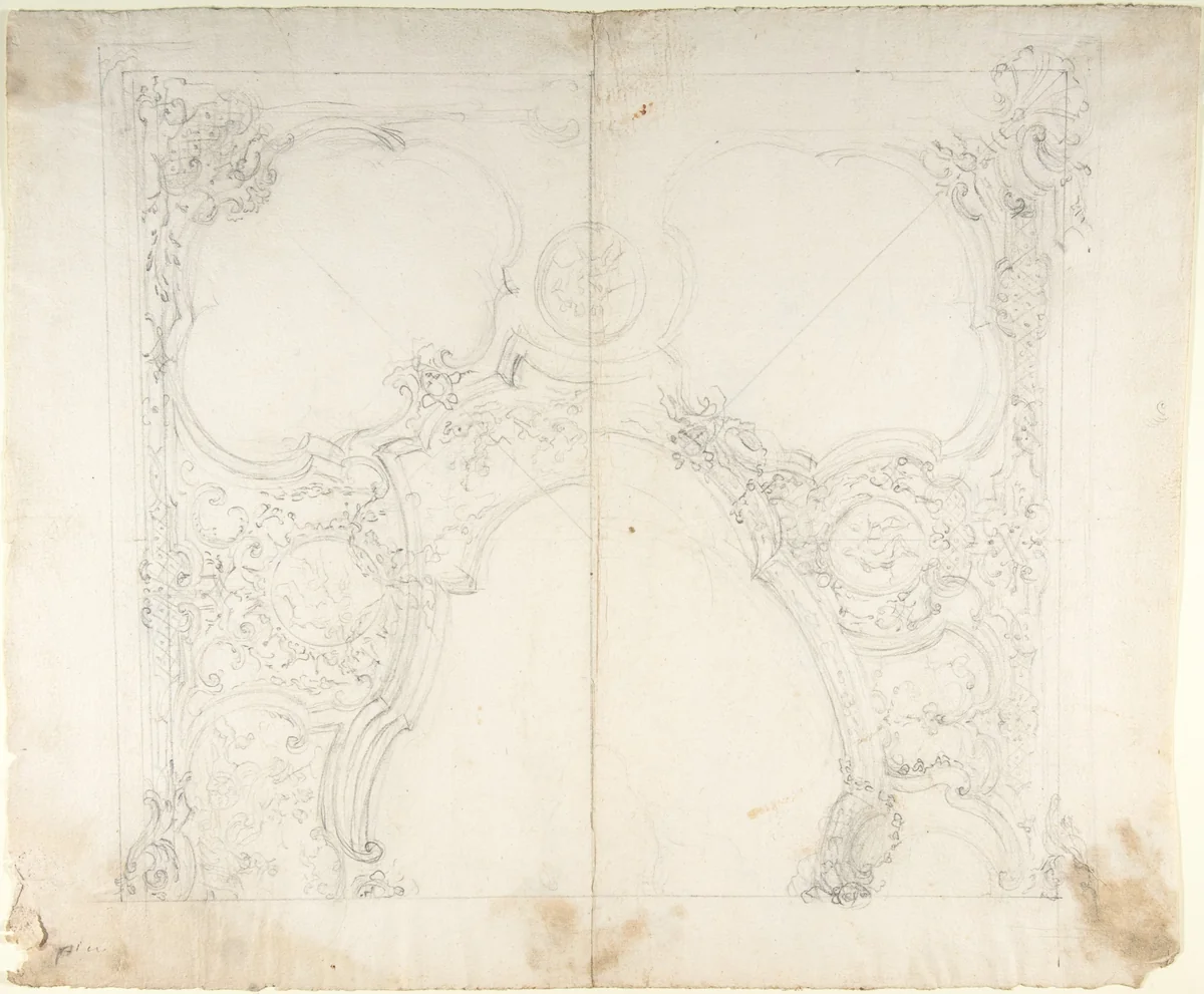 Design for One Half of a Ceiling with Medaillons with Figure Sketches Inside (recto); Design for an Interior Wall Elevation (verso) by Leonardo Marini, drawing, 1700-1800