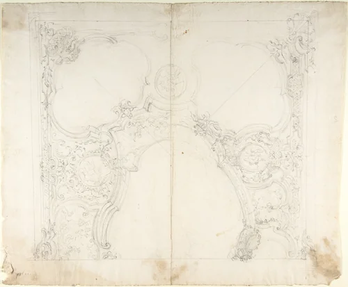 Design for One Half of a Ceiling with Medaillons with Figure Sketches Inside (recto); Design for an Interior Wall Elevation (verso) by Leonardo Marini, drawing, 1700-1800
