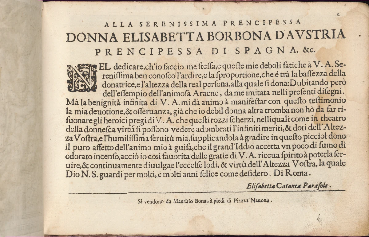 Teatro delle Nobili et Virtuose Donne..., page 2 (recto) by Isabella Catanea Parasole, book, 1616