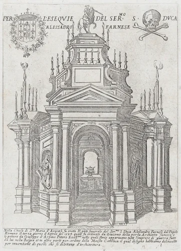 Catafalque for Duke Alessandro Farnese; from 'Libro De Catafalchi, Tabernacoli, con varij designi di Porte fenestre et altri ornamenti di Architettura' by Giovanni Maggi, book, 1593