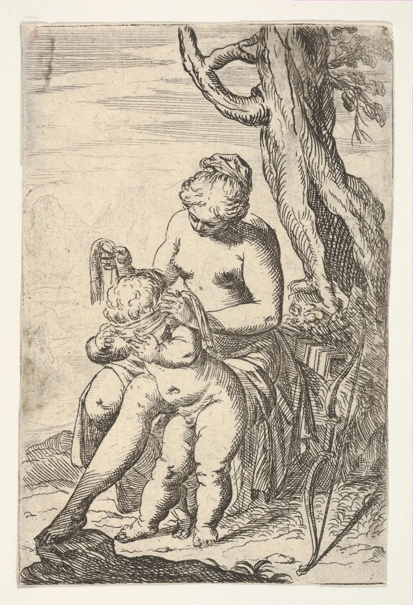 Venus tying a blindfold over Cupid's eyes, from "Sport of Love" (Scherzi d'amore) by Odoardo Fialetti, print, 1617