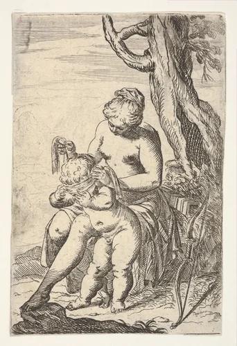 Venus tying a blindfold over Cupid's eyes, from "Sport of Love" (Scherzi d'amore) by Odoardo Fialetti, print, 1617