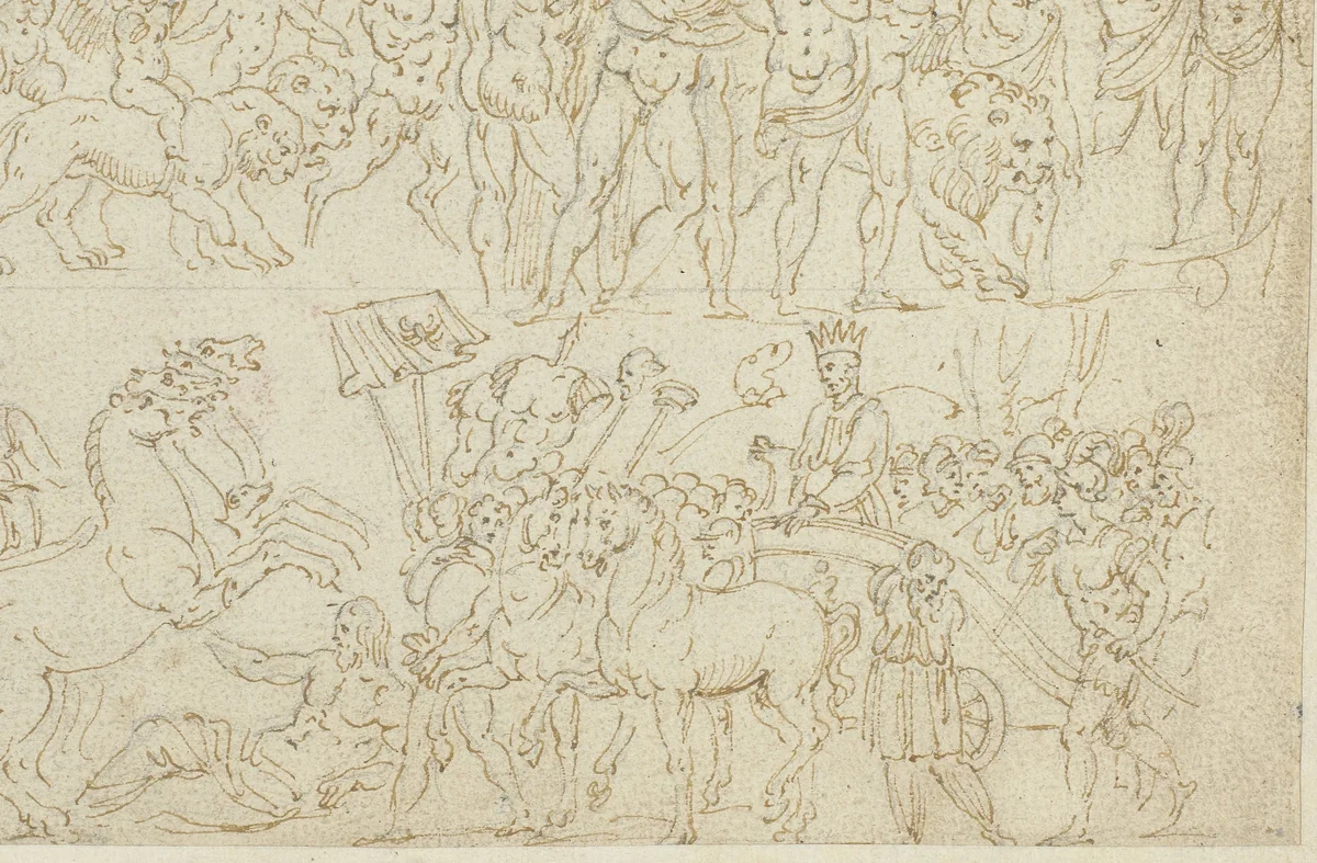 Een fresco en voorstellingen op sarcofagen by anonymous, drawing, 1550-1570