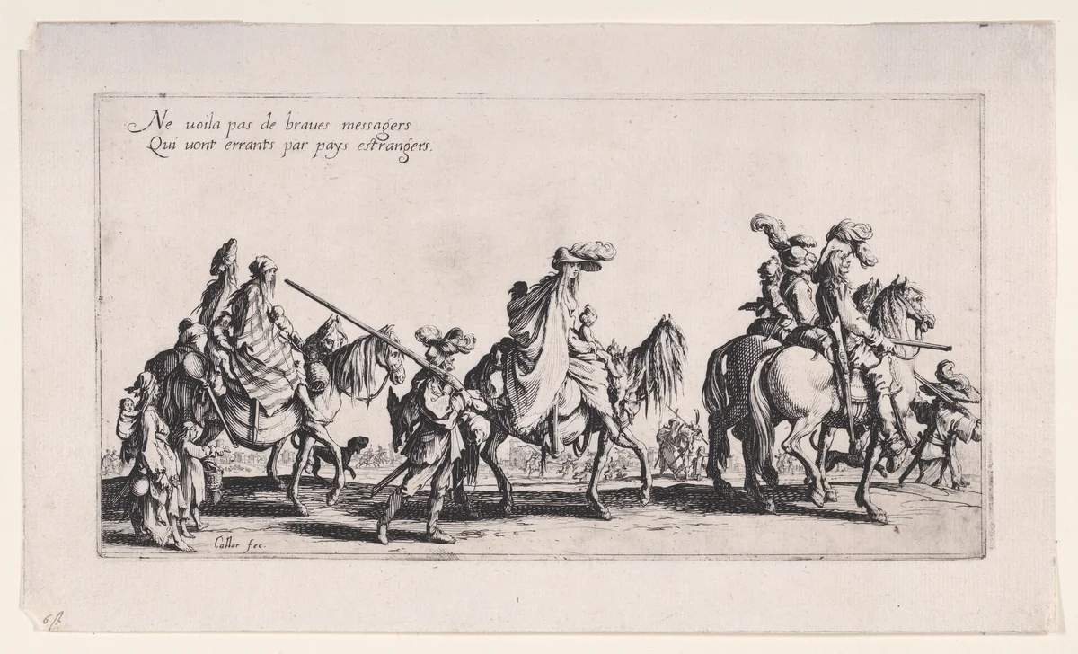 Les Bohémiens en Marche, pièce aussi appelée L'Avant-Garde (The Gypsies Travelling, piece also called The Advance Gard), from Le Bohémiens, série appelée aussi Les Égyptiens, La Marche des Bohémiens, La Vie Errante des Bohémiens, Les Marches Égyptiennes (The Gypsies, series also called The Egyptians, The Gypsy Troops, The Wandering Lives of Gypsies, The Egyptian Troops) by Jacques Callot, print, 1610-1635