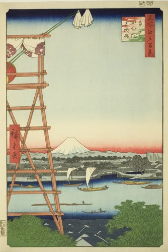 Ryogoku Ekoin and Moto-Yanagi Bridge (Ryogoku Ekoin Moto-Yanagibashi), from the series "One Hundred Famous Views of Edo (Meisho Edo hyakkei)" by Utagawa Hiroshige (歌川広重), print, 1857