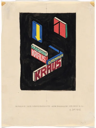 Effect of Banners Seen from the Train Station (Wirkung der Transparente vom Bahnhof gesehen). Promotional design for glass painter Ernst Kraus by Herbert Bayer, drawing, 1923