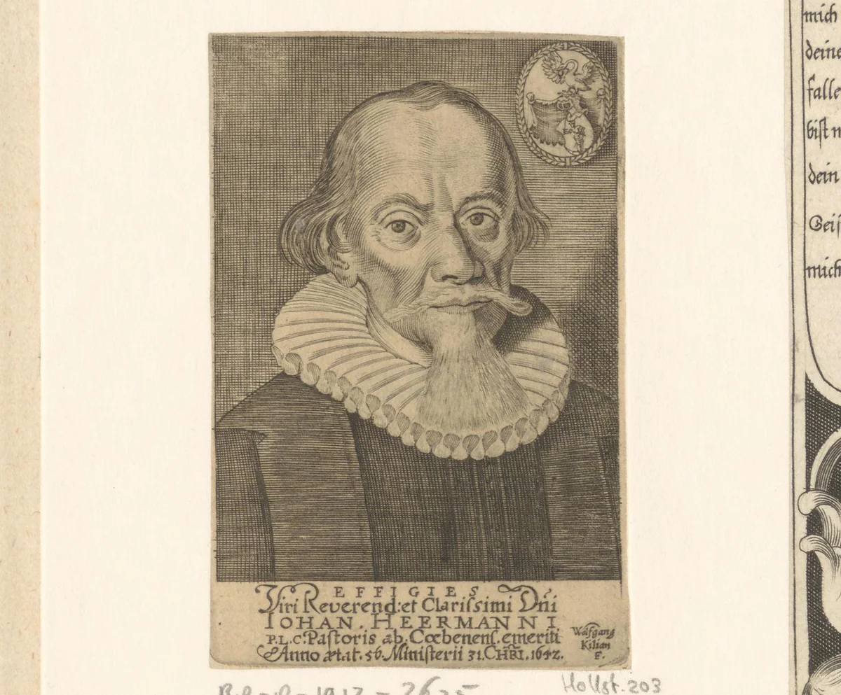 Portret van Johann Heerman by Wolfgang Kilian, print, 1647