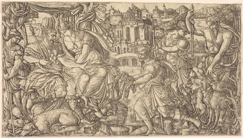 A King and Diana Receiving Huntsmen by Jean Duvet, print, 1547-1555