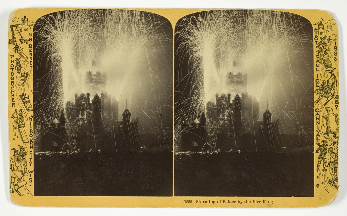 Storming of Palace by the Fire King, No. 1555 from the series "St. Paul Ice Carnival" by Henry Hamilton Bennett, photograph, 1868-1888