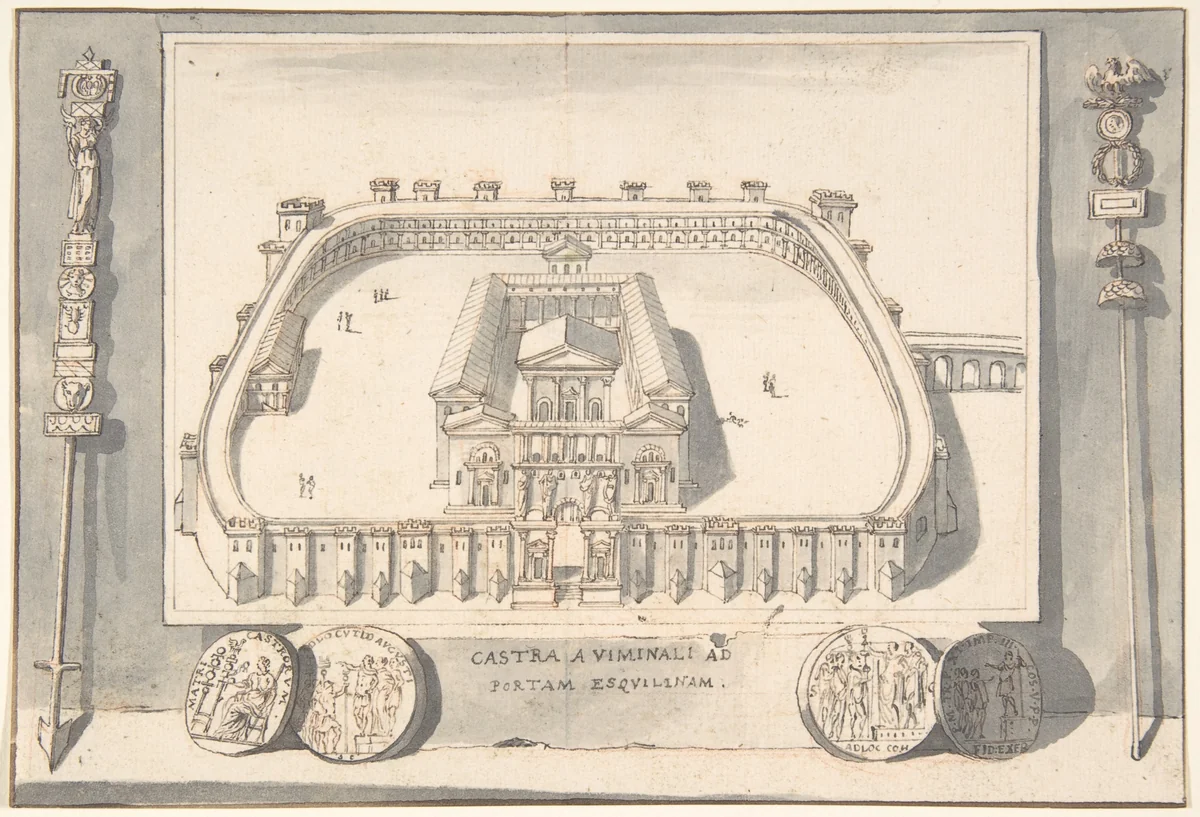 A Reconstruction of a Castle on the Viminal Hill at the Esqualine Gate by Jan Goeree, drawing, 1690-1704
