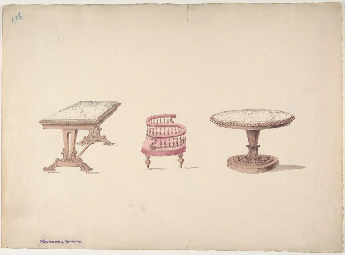 Design for a Rectangular and Round Marble-topped Tables and a Tête-à Tête Chair by anonymous, drawing, 1800-1850