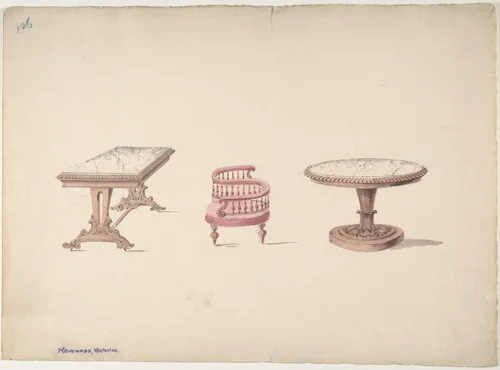 Design for a Rectangular and Round Marble-topped Tables and a Tête-à Tête Chair by anonymous, drawing, 1800-1850