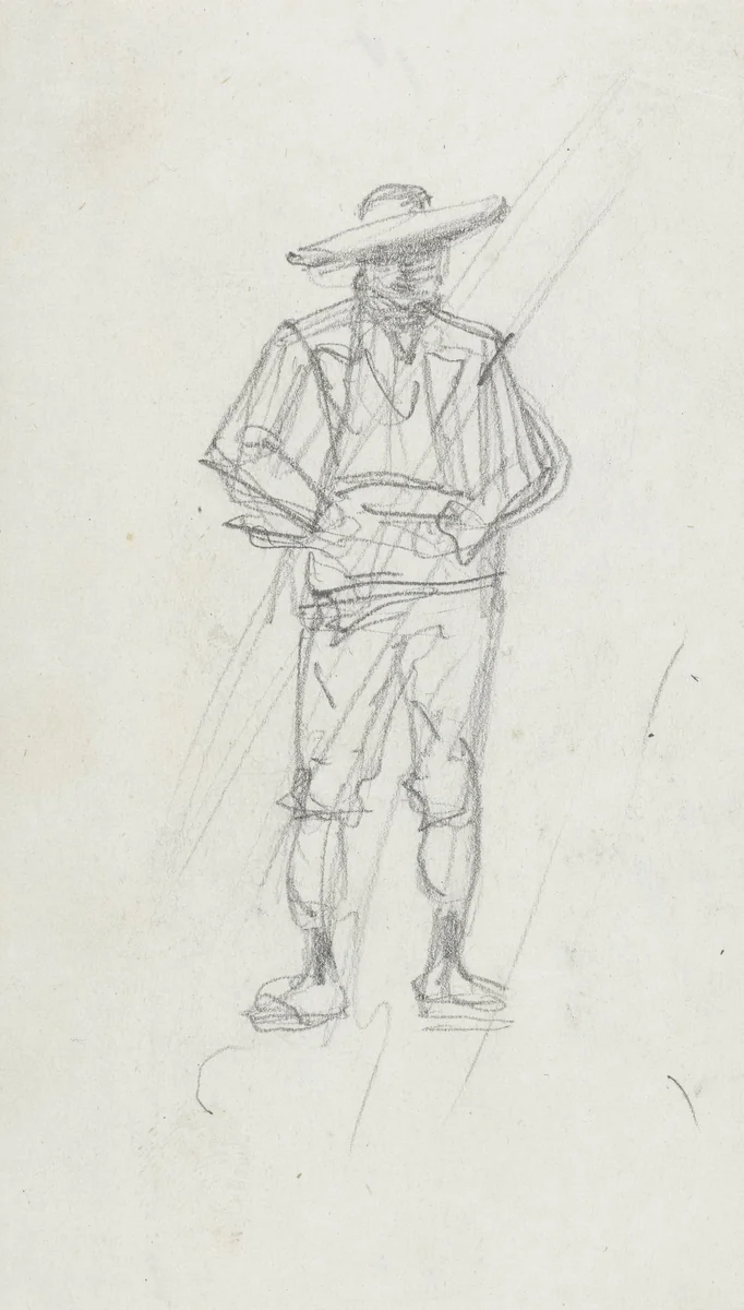 Schets van een staande man met hoed by Maxime François Antoine Lalanne, drawing, 1837-1886