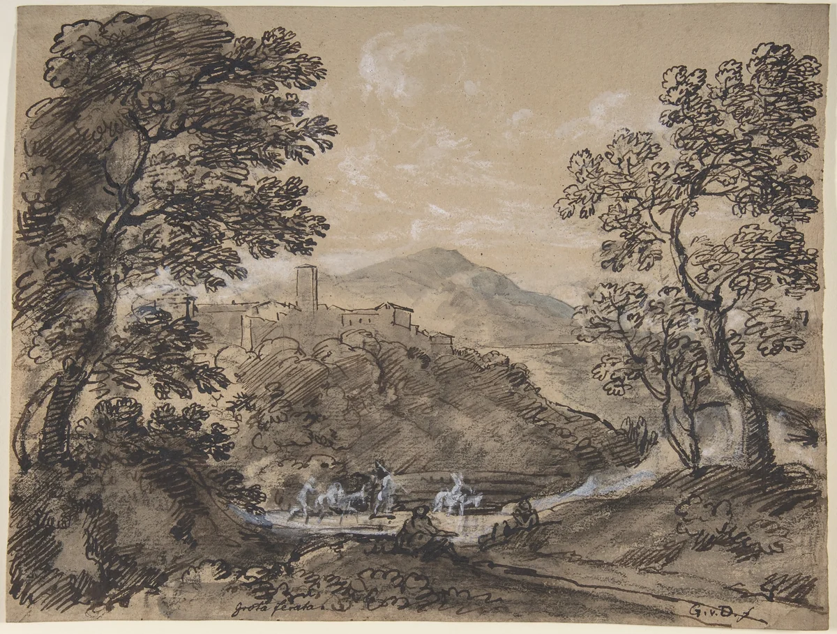 Hilly Landscape with Travellers by Johann Georg von Dillis, drawing, 1775-1841