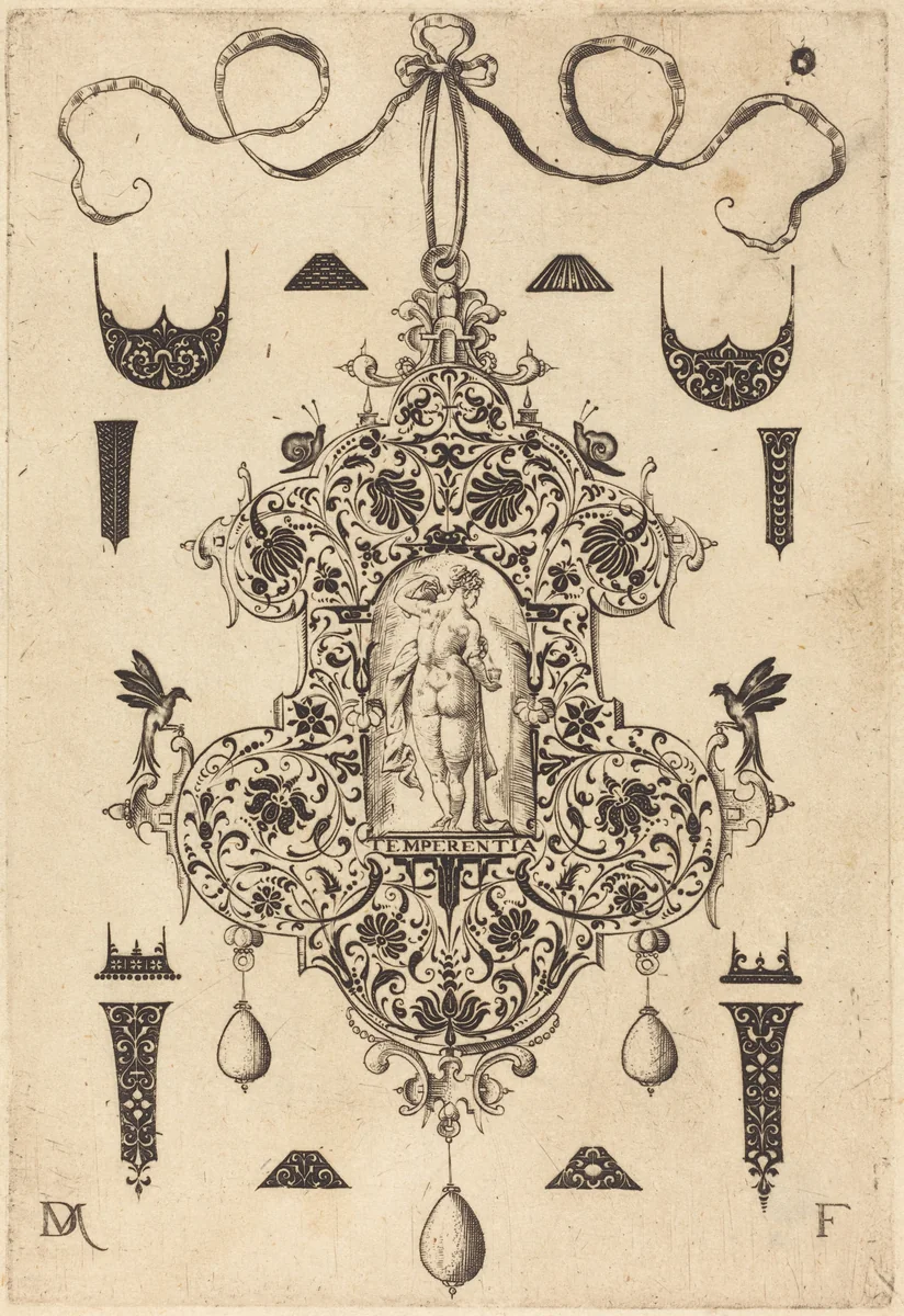Large Pendant, Temperance Standing at Centre by Daniel Mignot, print, 1593