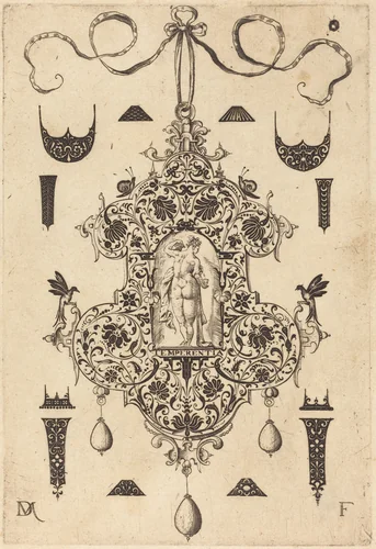 Large Pendant, Temperance Standing at Centre by Daniel Mignot, print, 1593