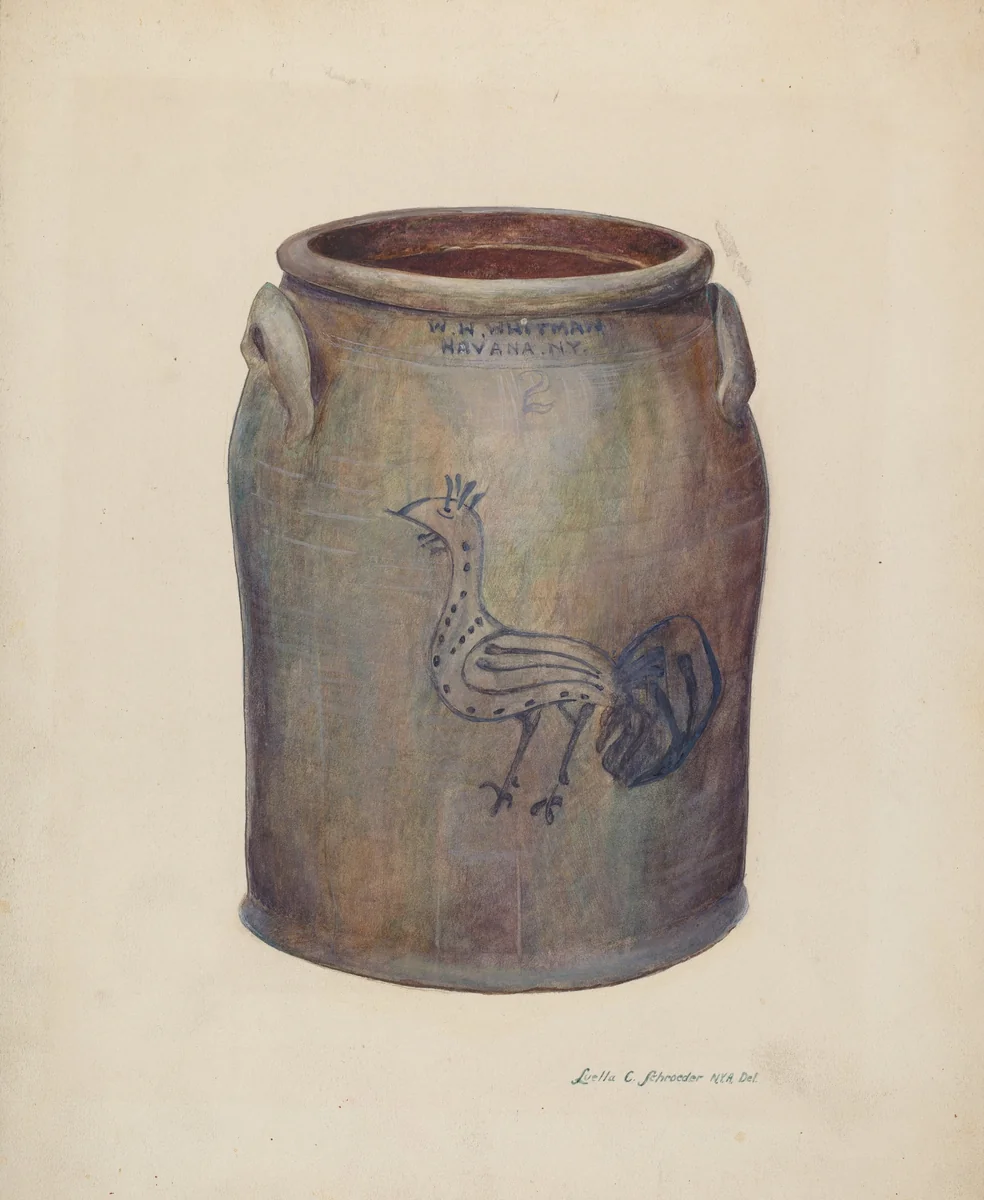 Gray Stoneware Crock by Luella Schroeder, index of american design, 1939
