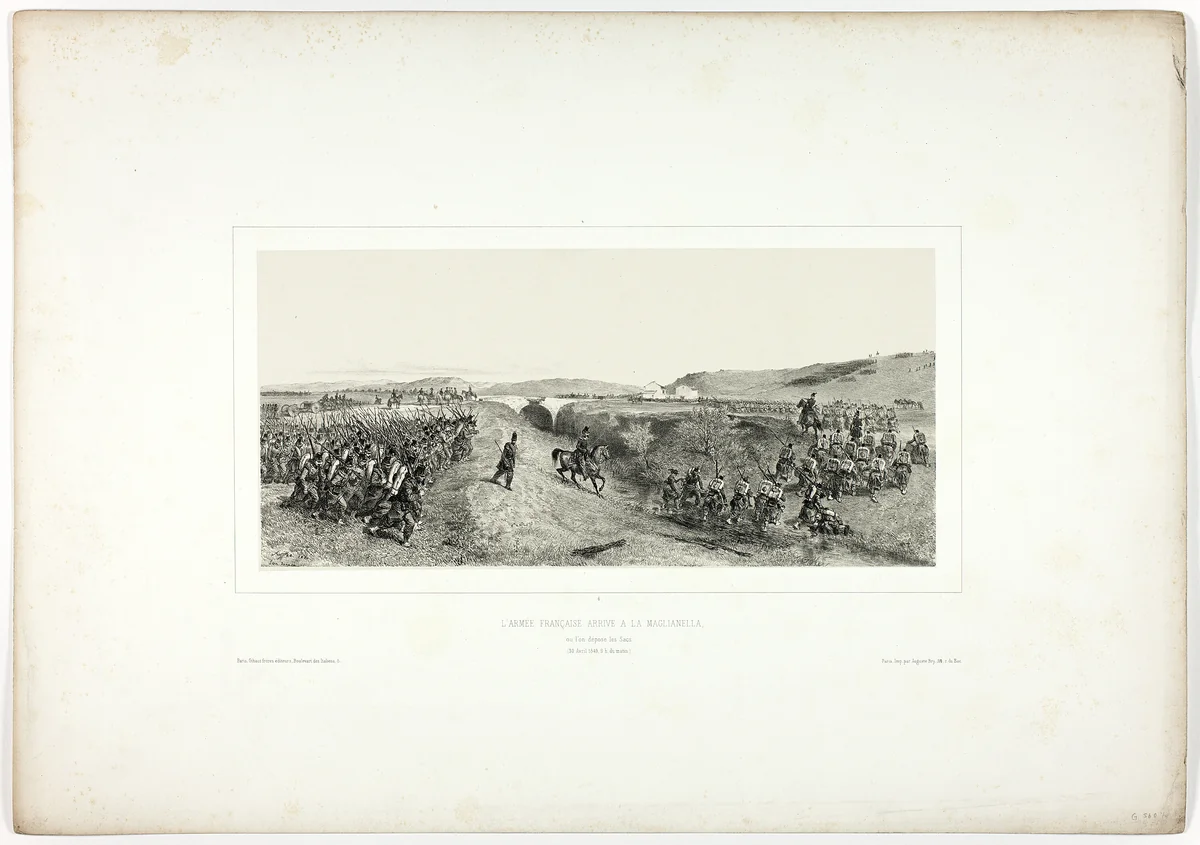 The French Army Arrives at Maglianella, from Souvenirs d’Italie: Expédition de Rome by Denis Auguste Marie Raffet, print, 1850