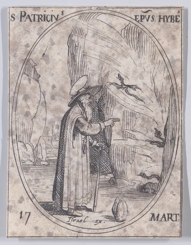 Ste. Patrice, évêque d'Irelande (St. Patrick, Bishop of Ireland), March 17th, from "Les Images De Tous Les Saincts et Saintes de L'Année" (Images of All of the Saints and Religious Events of the Year) by Jacques Callot, print, 1636