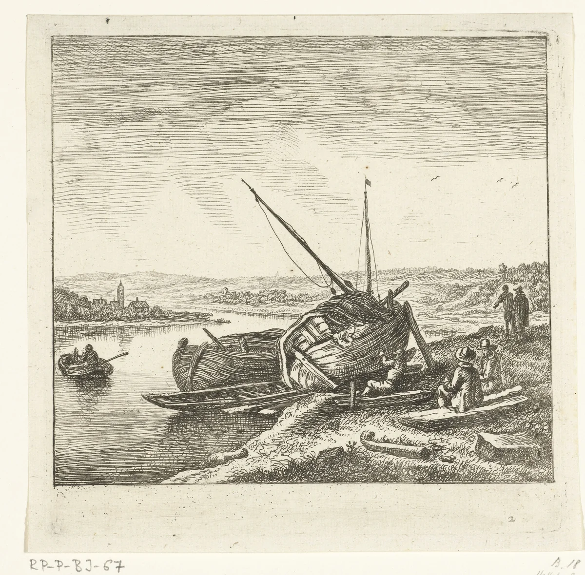 Riviergezicht met man die een boot kalefatert by Jan van Almeloveen, print, 1662-1683