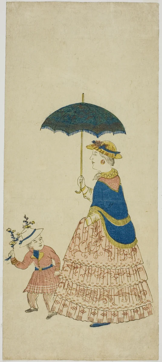 Dutch Lady Carrying Parasol with Little Boy 阿蘭陀婦人と子供 (Orando fujin to kodo mo) by Unknown Artist, print, 1830-1860