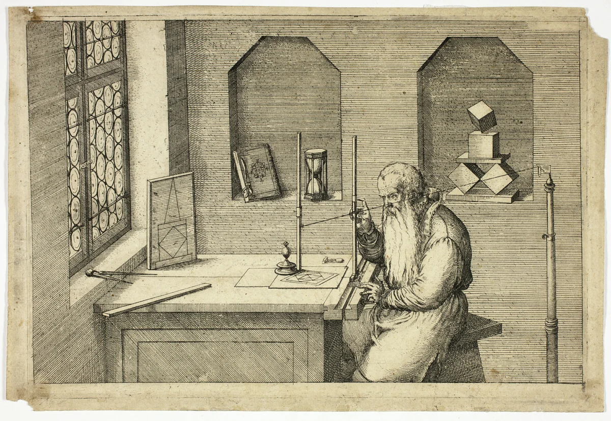 Portrait of Wenzel Jamnitzer in his Study by Jost Amman, print, 1572-1575