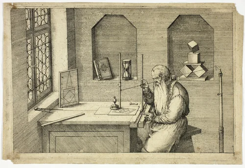Portrait of Wenzel Jamnitzer in his Study by Jost Amman, print, 1572-1575