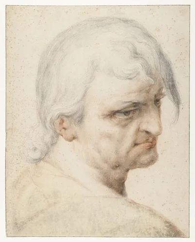 Kop van een man die over zijn rechter schouder kijkt, in driekwart naar rechts by Jan Harmensz. Muller, drawing, 1593-1596