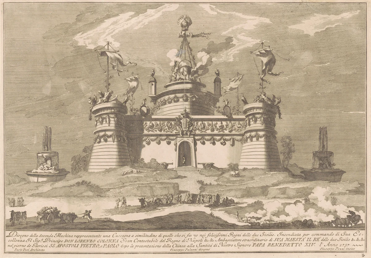 The Seconda Macchina for the Chinea of 1757: The Fortress of Cockaigne by Giuseppe Pozzi, print, 1757