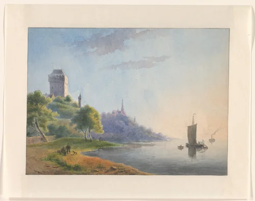 Gezicht op een rivieroever met toren en kerk by Johannes van Reijn, drawing, 1800-1900