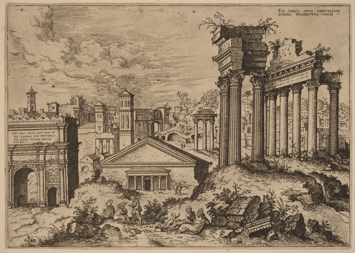 View of the Forum from the Base of the Capitol by Hieronymus Cock, print, 1550