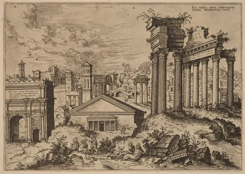 View of the Forum from the Base of the Capitol by Hieronymus Cock, print, 1550
