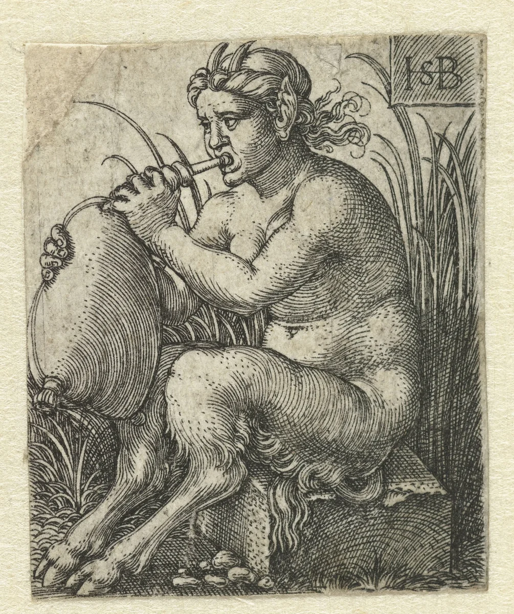 Vrouwelijke sater speelt op een doedelzak by Unknown, print, 1510-1550