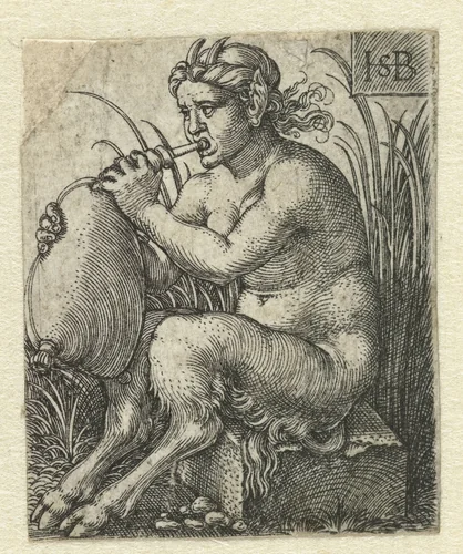 Vrouwelijke sater speelt op een doedelzak by Unknown, print, 1510-1550
