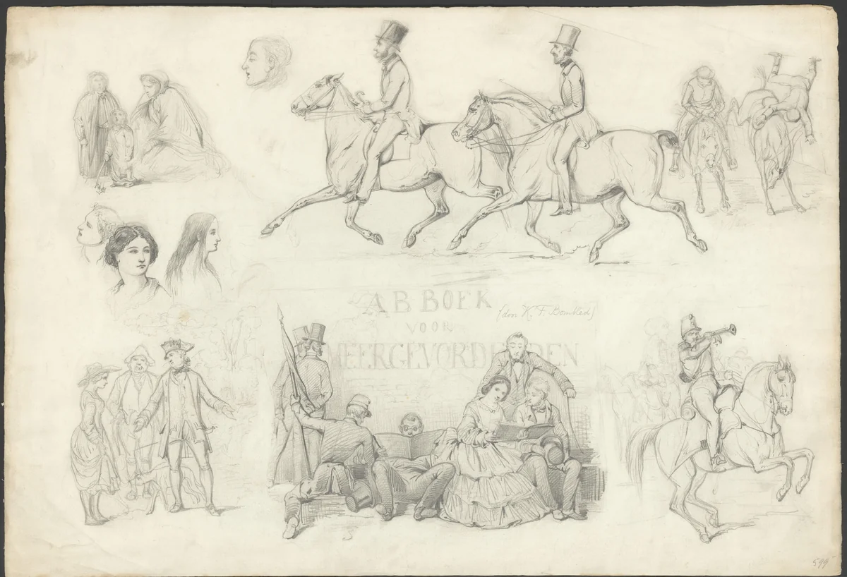 Schetsblad met uiteenlopende studies van mensen en paarden by Karel Frederik Bombled, drawing, 1864-1902