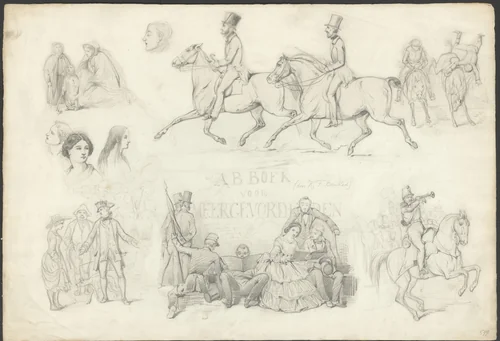 Schetsblad met uiteenlopende studies van mensen en paarden by Karel Frederik Bombled, drawing, 1864-1902