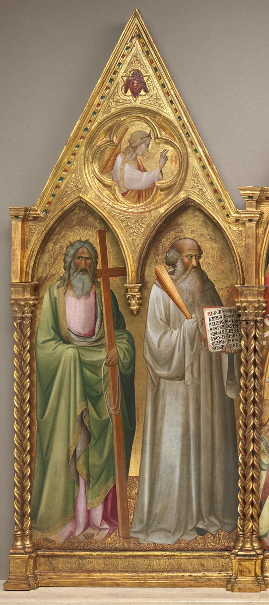 Saint Andrew and Saint Benedict with the Archangel Gabriel [left panel] by Agnolo Gaddi, painting, 1387
