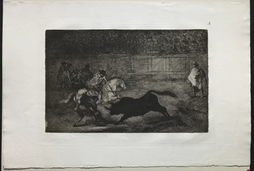 Bullfights: A Spanish Mounted Knight Breaking Short Spears with the Help of Assistants by Francisco de Goya, print, 1816-1876
