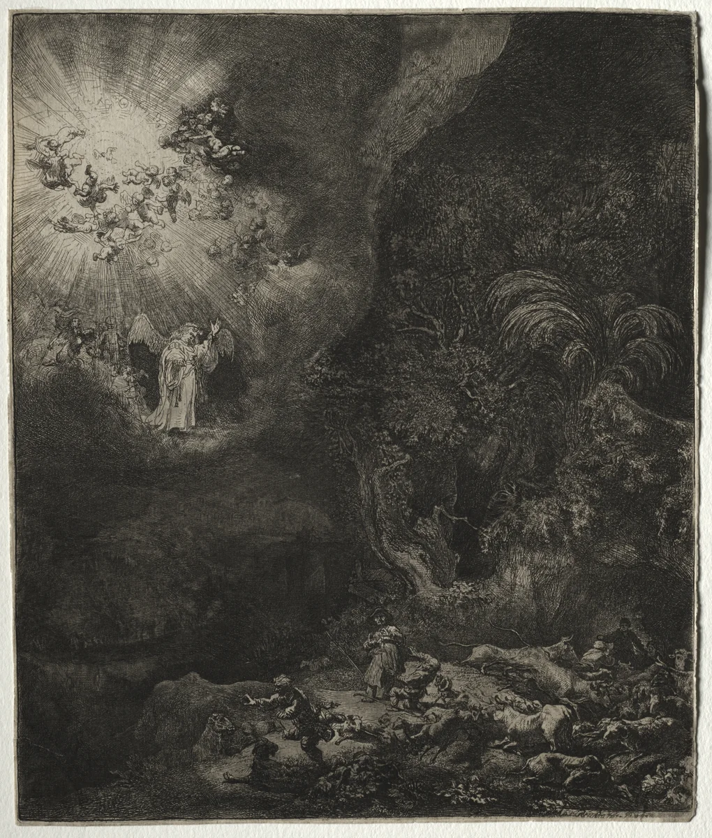 The Angel Appearing to the Shepherds by Rembrandt van Rijn, print, 1634