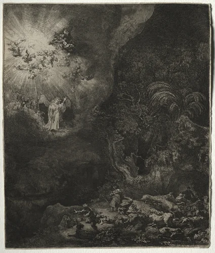 The Angel Appearing to the Shepherds by Rembrandt van Rijn, print, 1634