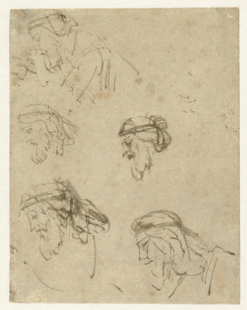 Five Studies of Haman’s Head by Rembrandt van Rijn, drawing, 1655-1660