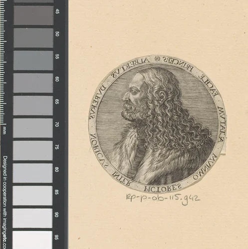Portret van Albrecht Dürer in medaillon by anonymous, print, 1520-1599
