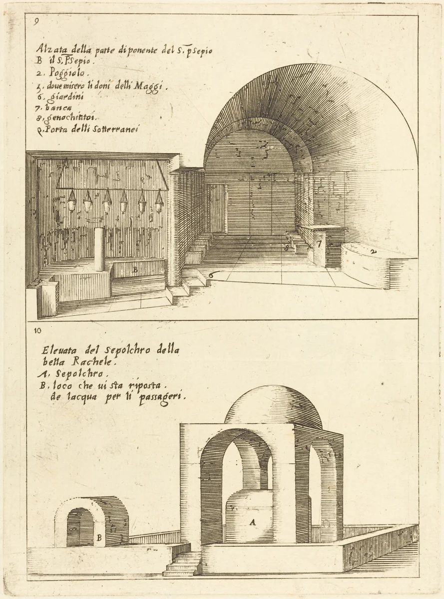 Elevations of the Holy Manger and the Sepulchre of Rachel by Jacques Callot, print, 1619