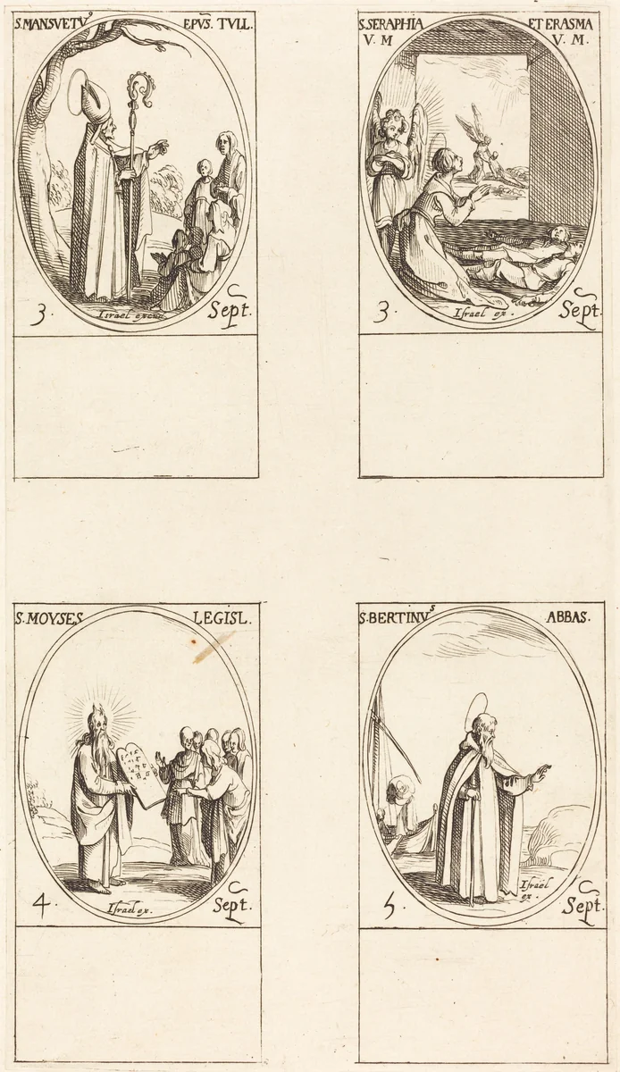 St. Mansuetus; Sts. Serapia and Erasma; Moses; St. Bertin, Abbot by Jacques Callot, print, 1627-1637