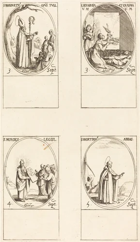 St. Mansuetus; Sts. Serapia and Erasma; Moses; St. Bertin, Abbot by Jacques Callot, print, 1627-1637